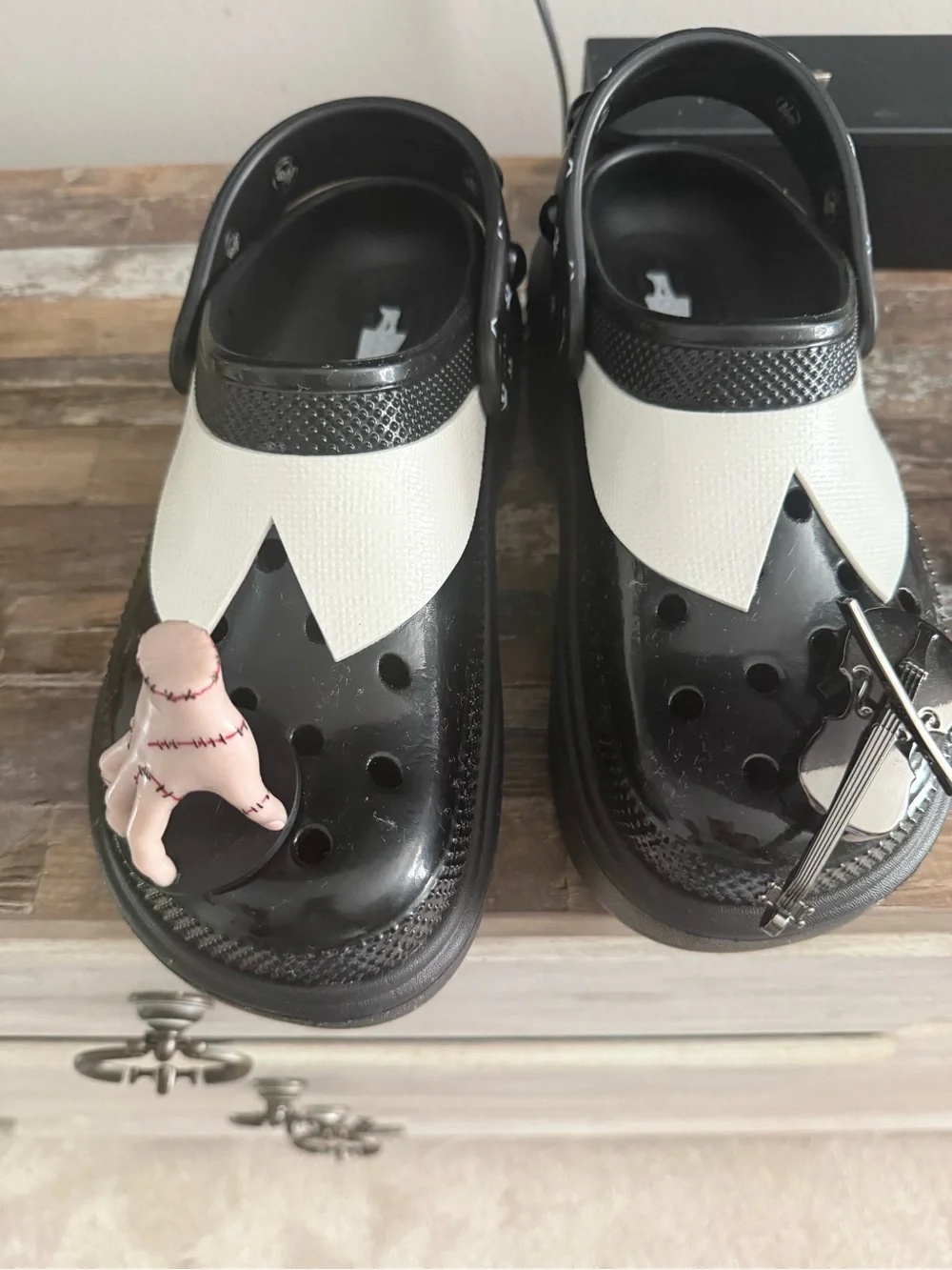 CROCS Black and White Platform Clogs with Halloween Charms